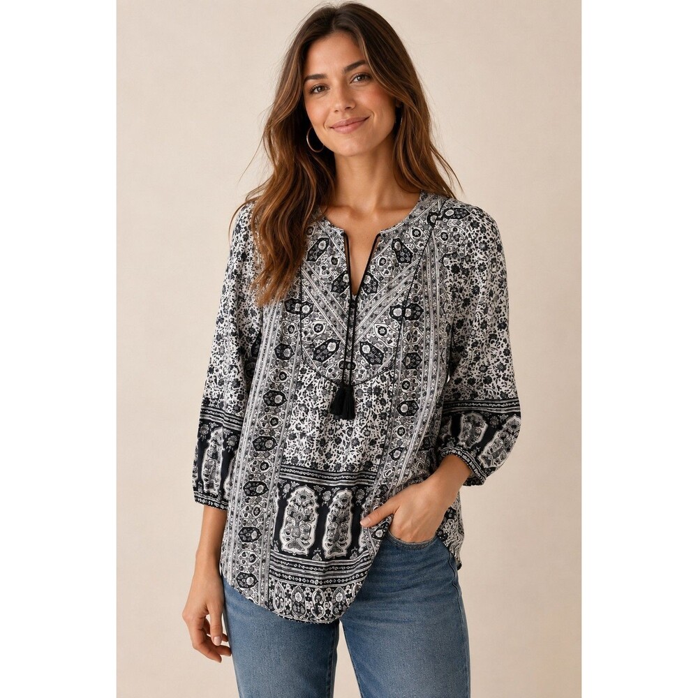 Lucky Brand Women’s Peasant Blouse S Black White Paisley Boho Tassel Tie